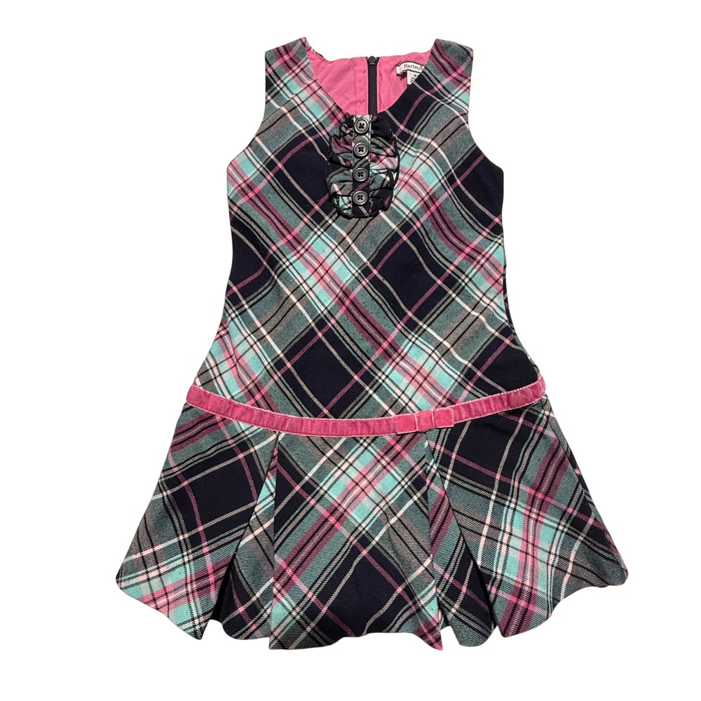 Hartstrings‎ Girls 4T Plaid Dress Navy Pink Teal Velvet Trim Pleated Sleeveless